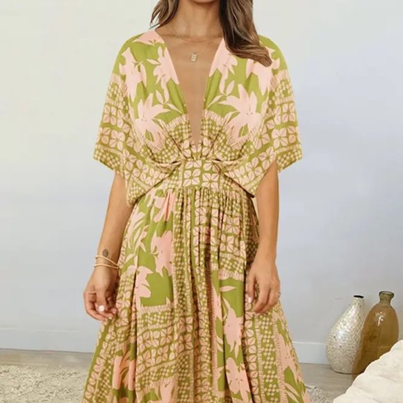 Floral Deep V Dolman Sleeve Split Maxi Long Dress - Picture 5 of 7